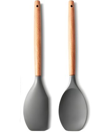 Heat-Resistant Silicone Wood Handle Spatula & Cooking Spoon,(Pack of 2)