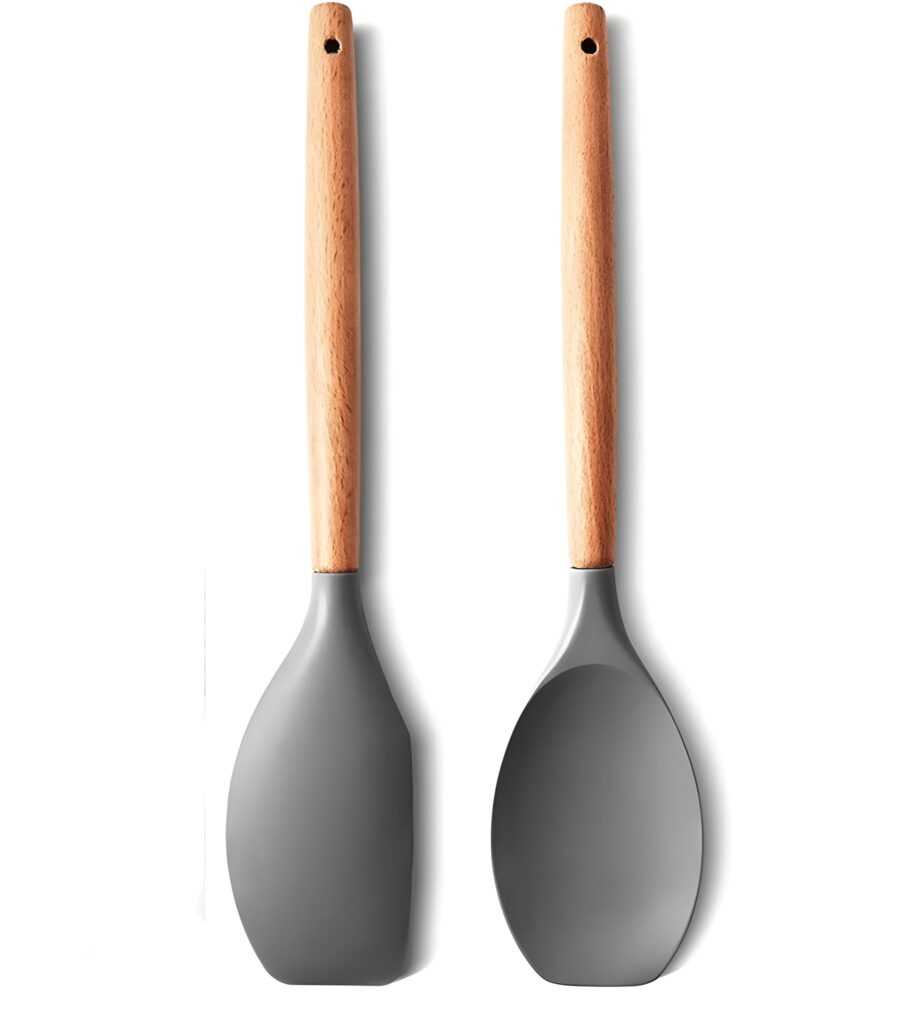 Heat-Resistant Silicone Wood Handle Spatula & Cooking Spoon,(Pack of 2)