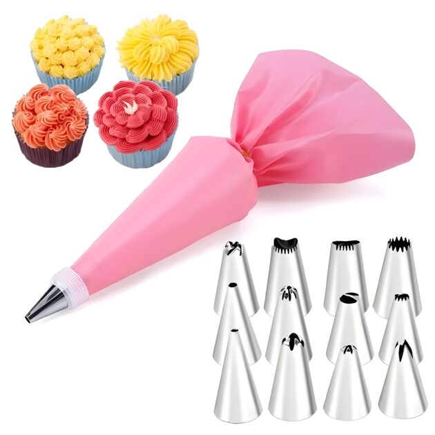 15pc Cake Decorating Set Frosting Icing Piping Bag Tips with Steel nozzles. Reusable & Washable