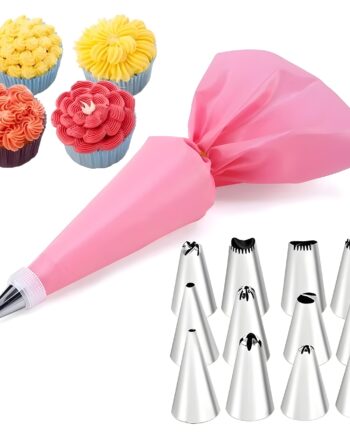 15pc Cake Decorating Set Frosting Icing Piping Bag Tips with Steel nozzles. Reusable & Washable