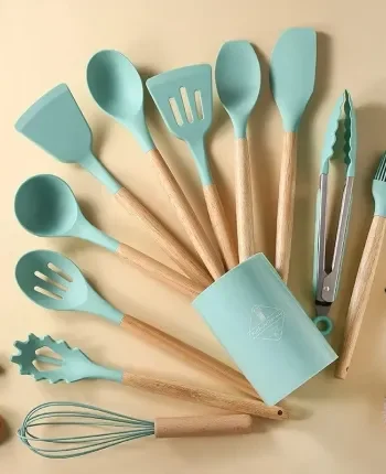 12Pcs Set Wooden Handle Silicone Kitchen Utensils With Storage Bucket High Temperature Resistant